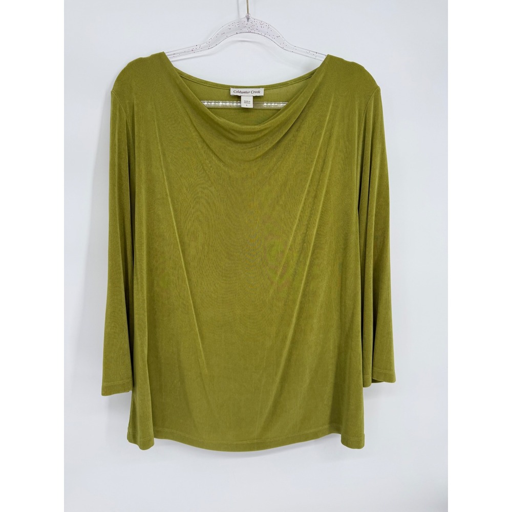 Coldwater Creek Olive Green Cowl Neck 3/4 Sleeve Ribbed Knit Top L